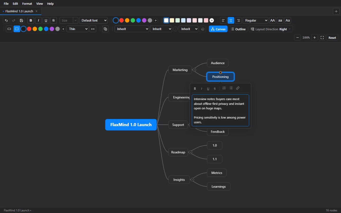 Per-node WYSIWYG notes — what you write is what you see, Markdown round-trips losslessly.